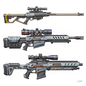 Various designs of the Dahl Sniper Rifle from Borderlands 3. Futuristic weapons with gray and silver hues.