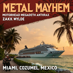 An event poster for a Metal Mayhem cruise featuring Motorhead, Megadeth, Anthrax, and Zakk Wylde. The journey from Miami to Cozumel, Mexico. More details available online.