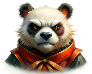 A angry samurai panda, with white background. 