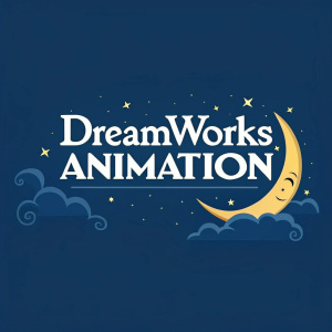 Creative logo for DreamWorks Animation. Blue background with playful crescent moon and text in modern font style