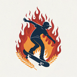 Digital illustration for Los Amigos Pro brand logo. Edgy design featuring a skateboard engulfed in flames. Skateboarder silhouette inline