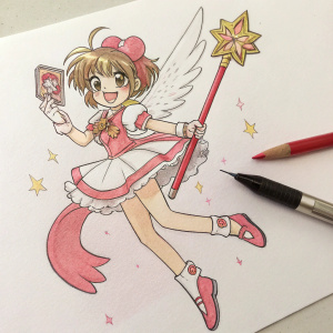 A charcoal sketch of Sakura Kinomoto from Cardcaptor Sakura. She is depicted mid-jump, holding her magical card. The drawing is filled with vibrant details and is set against a white canvas