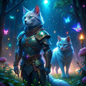 a cat with white fur, green eyes dresses protective armor, a white wolf with blue eyes worse protective armor. and they enter a mysterious and magical forest filled with light from their bodies and the surrounding area was surrounded by magical energy filled with flying insects , flying butterfly, the sky was full of stars and flowers all around. there is light from the moon and magical powers around the moon