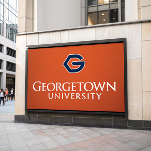 Georgetown University, sleek logo design, letter 'G' prominently displayed on vibrant orange backdrop.