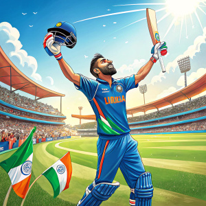 Virat Kohli, in vibrant cricket uniform, celebrating victory on sunny stadium field.