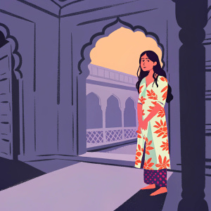Rani Mukherjee in a candid shot, standing by an arched doorway. She wears a floral dress with a mix of vibrant colors. Long, wavy hair frames her face. The scene is set in a traditional Indian courtyard with sunlight streaming in.