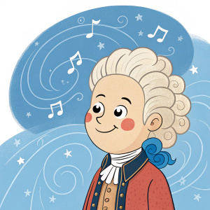 Cartoony representation of Wolfgang Amadeus Mozart. He wears a wig from the 18th century. Swirly, dreamy blue background