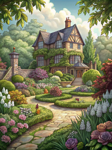 black outline ONLY, spring Gardenscapes scene, countless flowers & plants, English manor house garden, ultra-defined English architecture, defined architecture details, ultra-high quality, 16k uhd, (best quality:1.3), (masterpiece:1.1), ultra-high resolution, ultra detailed various English flowers & trees, Black & WHITE lines ONLY. Perfect for a coloring book, white background, outline art, thick black outline ONLY, ultra-high quality, ultra-high resolution, identical symmetrical details,