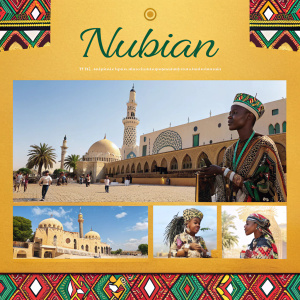 Homepage design for a Nubian cultural website. Rich with artistic inspiration, featuring a dynamic mix of vivid imagery and detailed text. Utilizes a bright, diverse color scheme to highlight various aspects of Nubian heritage.