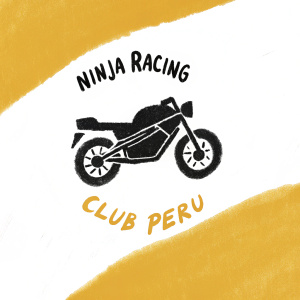 A sleek, monochrome logo for Ninja Racing Club Peru. Depicting a minimalist motorcycle design with the text 'Ninja Racing' above and 'CLUB PERÚ' below, bold and graphic style emphasizing mechanical details.