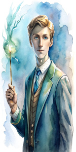 a handsome slender tanned 30-year-old man with short hair, dressed in Hogwarts uniform, holding a magic wand in his right hand