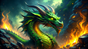 forest green and yellow and gold, big dragon with a smoke, background in fire