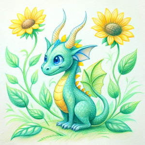 illustration of a cute dragon in summer day and sunflowers