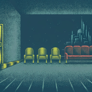 Arnold's room in the Hey Arnold universe. Now located in a futuristic city. Room features neon blue walls, sleek red sofa, and metallic green chairs. Cozy yet high-tech ambiance.