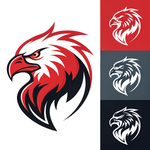 Contemporary rugby brand logo concepts showcasing a stylized griffin in vibrant red, white, and black hues. Minimalistic design elements with bold color contrasts.
