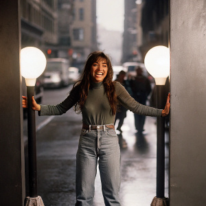 Justine Bateman as Mallory Keaton in 'Family Ties'. Cheerful demeanor. Wearing a green top and blue jeans. Stands in front of a bustling city street. Bright and even lighting.