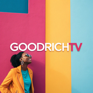 Digital branding design for GoodRichTV. Bright color palette, modern aesthetic. Features GoodRichTV logo, color blocks in shades of pink, orange, and blue.