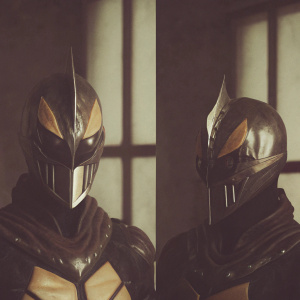 Close-up images of the sleek, futuristic ULTRAMAN BELIAL helmet. Black and orange colors contrast sharply. Bright lighting highlights the intricate design and sharp, pointed features.