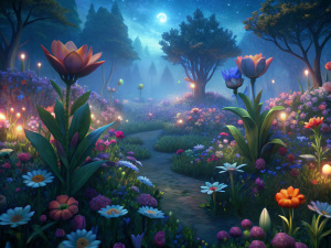 (tag name): Garden; (style): "semi real"; (*center behavior: "some flowers talking each other ")); (background:, "a flowered field" );