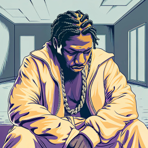 Lil Uzi Vert, detailed black and white illustration, wearing silver chain, sitting in an empty room.