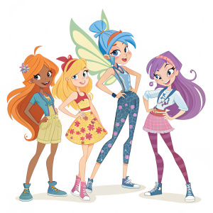 Winx Club characters, diverse in appearance and style. Bloom with orange hair and smile, Stella with blonde hair, Musa with blue hair and playful pose, Tecna in punk attire, Flora in floral dress, and Roxy with purple hair. Against white backdrop.
