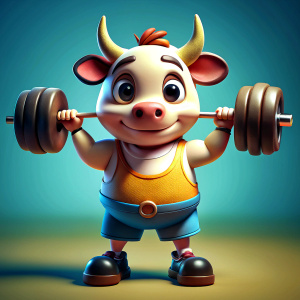 An adorable and motivated cartoon Cow lifting weights, with a determined and focused expression.