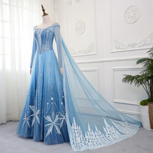 Photorealistic image of Elsa's costume from Frozen 2. White backdrop. The dress features intricate ice crystal designs in shades of blue, along with a fitted bodice and flowing skirt.
