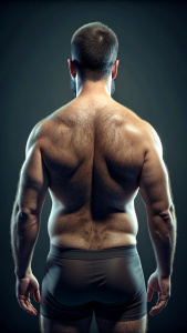 rear view, a fat guy, with dark crew cut hair, dark body hair and black short beard, standing bare, hairy gluteus