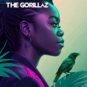 The Gorillaz album cover features a futuristic, artistic design with a woman's profile and a bird. The artwork is a blend of vibrant greens and purples. The song titles are displayed at the bottom of the image.