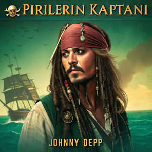 Turkish movie poster for 'Pirilerin Kaptanı'. Features a dark pirate ship and close-up of Jack Sparrow played by Johnny Depp. Vibrant green, brown, and gold color scheme. Turkish text includes actor names.