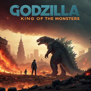 Godzilla: King of the Monsters movie poster. Godzilla is depicted standing amidst a fiery landscape. Background features city ruins and small human figures.