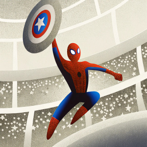 Illustration of Spider-Man, wielding Captain America's shield, midair pose. Background: crowded stadium
