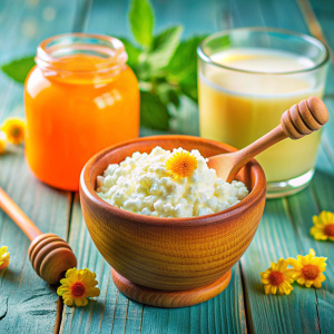 Soothing image of a cottage cheese face mask in a bowl, with a spoonful of honey and splashes of milk around, evoking a feeling of deep nutrition for very dry skin