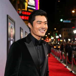 Henry Golding, Asian actor, at a glamorous Hollywood premiere. Black tuxedo, smiling confidently. Background is bustling city lights, far from plain walls.
