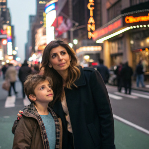 Jamie-Lynn Sigler, with her son Beau Kyle Dykstra, standing in front of a bustling city street. Neon lights and passerby visible in the background.