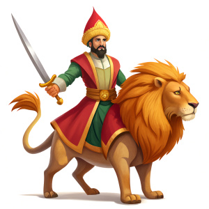 A sultan riding a lion holding a sword in one hand, white background