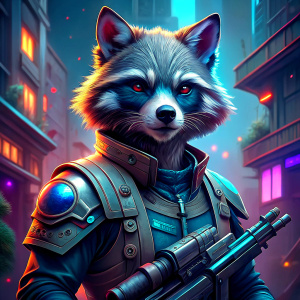 Racoon in cyberpunk, guns, weapon