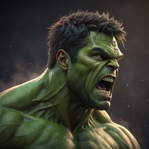 Intense close-up of the Incredible Hulk. His green skin, angry face, and open mouth. The background is dark and dramatic