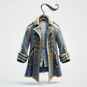 A tattered pirate captain's coat with gold trim, hanging on a rusty hook, dimly lit background, dramatic lighting, digital art, blank white background