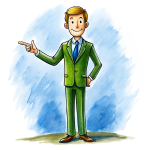 40 years old teacher in suit, as a drawing for a cartoon, on a white background, whole body he points with his hands