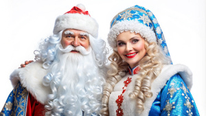 snegurochka, ded Moroz, white background, shutterstock, masterpiece