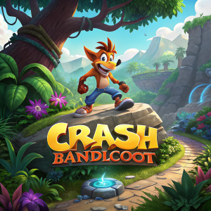 Game scene from Crash Bandicoot. Vibrant jungle setting with lush greenery, rocks, and vibrant colors. Crash stands on a large rock. Game logo prominently displayed.
