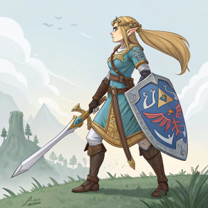 Link from The Legend of Zelda, female version, standing in a heroic pose with long braid and intricate costume. Game scene with digital background