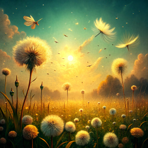 Vintage Old, Spring Meadow with small white Dandelion Flowers in Motion they fly to the wind with the Sunrise in the background. Photo Realistic