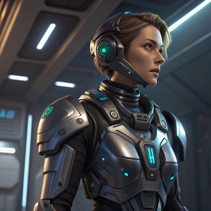 Elle, character from Atlas Reactor, in futuristic armor. High-tech, metallic attire with advanced gadgets