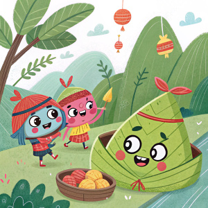 Cartoony illustration for children's book. Green dumplings, zongzi. Colorful, fun characters in a whimsical setting.