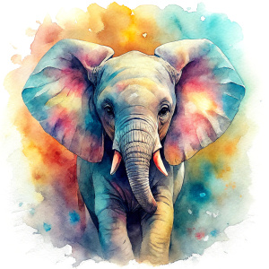 Vintage Old, Watercolor Soft Colors, Beautiful Cute Elephant baby, Frontal View