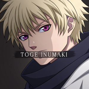 Digital illustration. Close-up of Toge Inumaki's face from Jujutsu Kaisen. Blonde hair, purple eyes, bold text name. Dark background