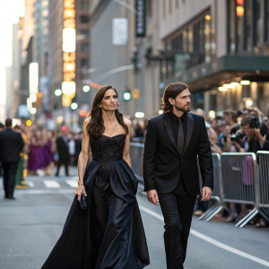 Famke Janssen and Cole Frates strolling down a bustling city street. Famke wears a custom-made evening gown. Cole is dressed in a sharp black suit. Crowded urban scene with people lined behind barriers