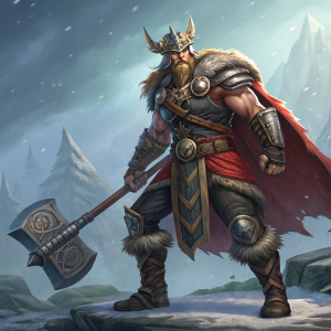 Digital art of Thor Barbarian from Smite, a muscular man with fierce look. Detailed medieval armor, vibrant and intricate attire. Fantasy setting with stylized background